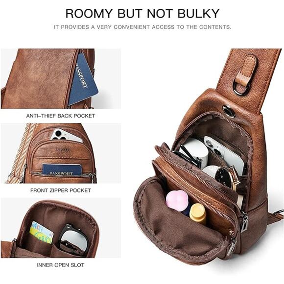 Brown Vegan Leather Sling Bag with Striped Strap – Travel Crossbody Pack - Picture 4 of 5